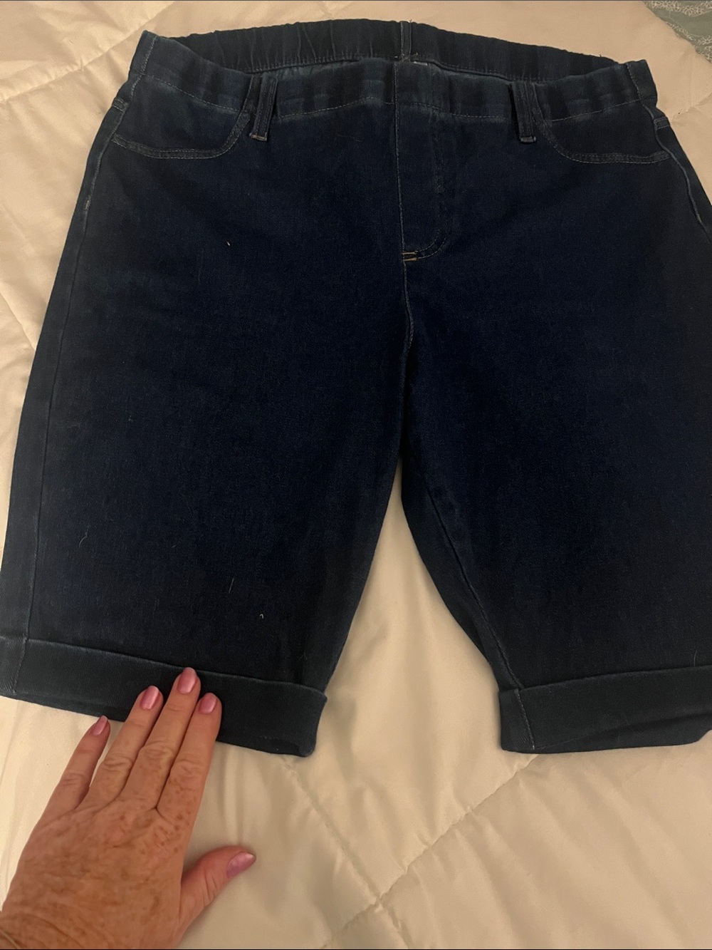 Women's Dark Blue Denim Bermuda Shorts stretch fabric, pull on XL